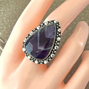 Large Teardrop Natural Chevron Amethyst Sterling Silver Ring Sz 9
